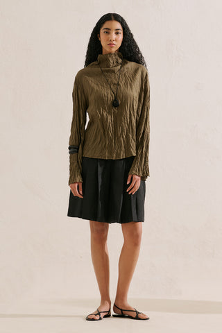 Linen Blend Crinkled Cropped Blouse Khaki