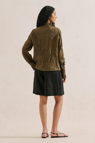 Linen Blend Crinkled Cropped Blouse Khaki