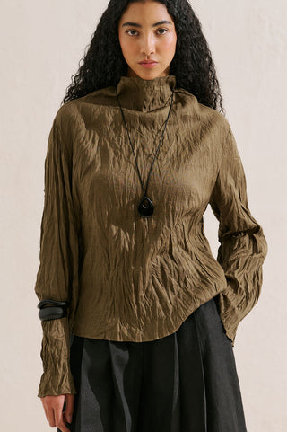 Linen Blend Crinkled Cropped Blouse Khaki