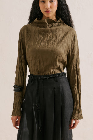 Linen Blend Crinkled Cropped Blouse Khaki