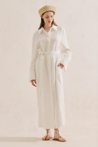 Linen Belted Shirt Dress Ecru