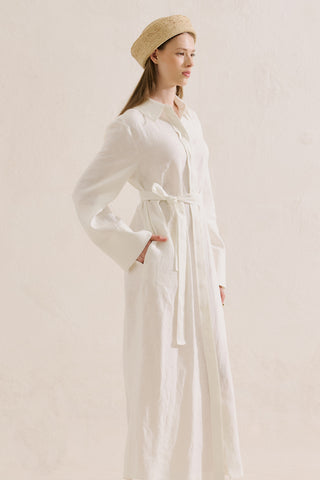 Linen Belted Shirt Dress Ecru