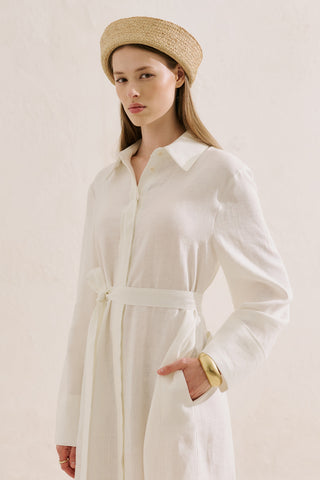 Linen Belted Shirt Dress Ecru