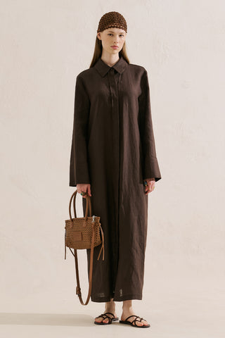 Linen Belted Shirt Dress Dark Brown
