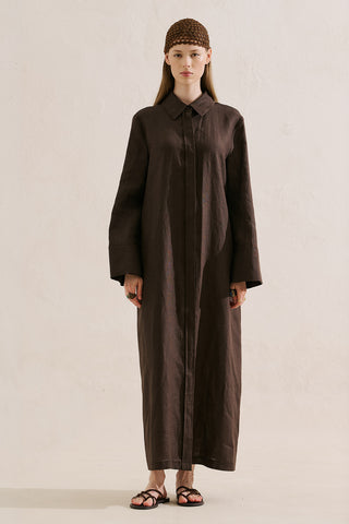 Linen Belted Shirt Dress Dark Brown