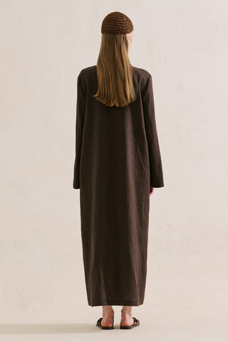 Linen Belted Shirt Dress Dark Brown