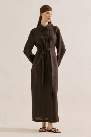Linen Belted Shirt Dress Dark Brown
