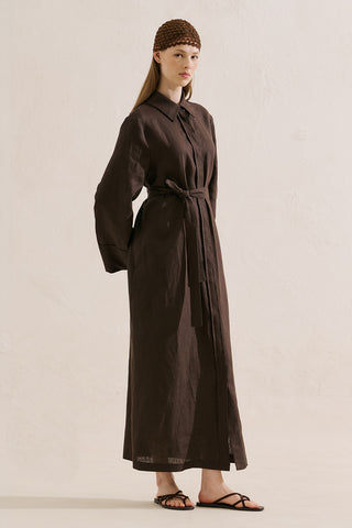 Linen Belted Shirt Dress Dark Brown