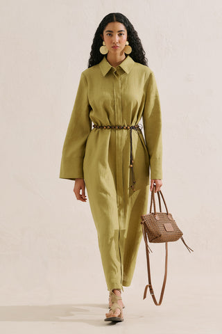 Linen Belted Shirt Dress Olive Green