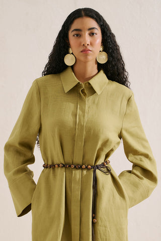 Linen Belted Shirt Dress Olive Green