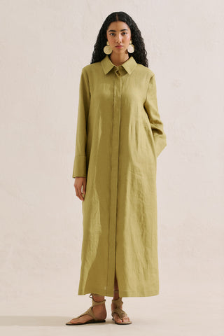 Linen Belted Shirt Dress Olive Green