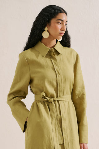 Linen Belted Shirt Dress Olive Green