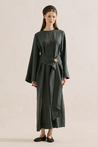 Linen Dress With Wide Belt Dark Green