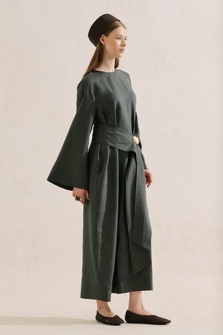 Linen Dress With Wide Belt Dark Green