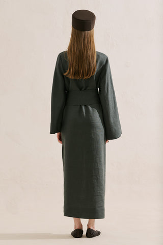 Linen Dress With Wide Belt Dark Green