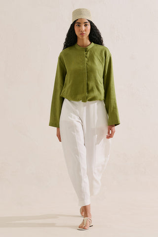 Linen Bomber Style Shirt Green