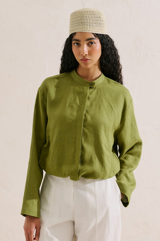 Linen Bomber Style Shirt Green