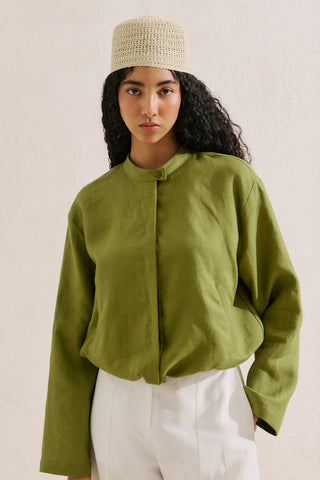 Linen Bomber Style Shirt Green