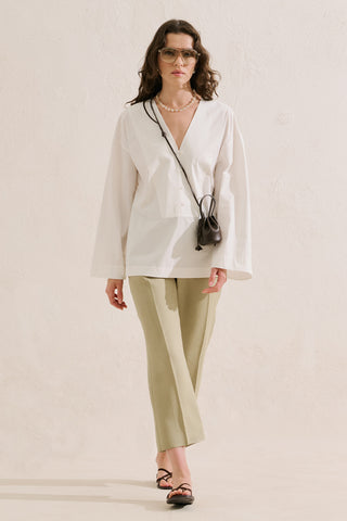Poplin Wide Sleeve V Neck Shirt Ecru