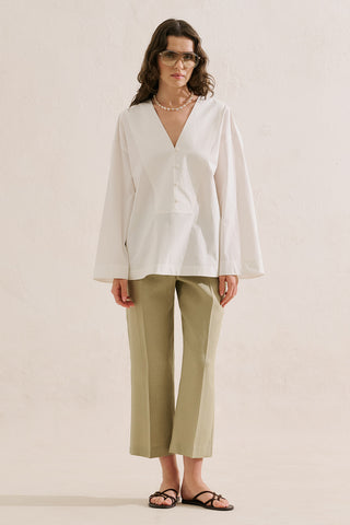 Poplin Wide Sleeve V Neck Shirt Ecru