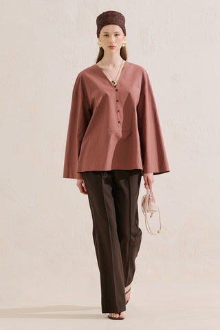 Poplin Wide Sleeve V Neck Shirt Dusty Rose