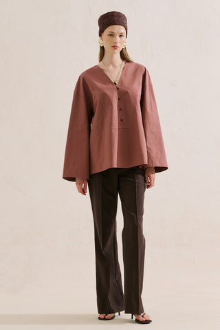 Poplin Wide Sleeve V Neck Shirt Dusty Rose