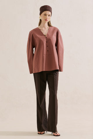 Poplin Wide Sleeve V Neck Shirt Dusty Rose