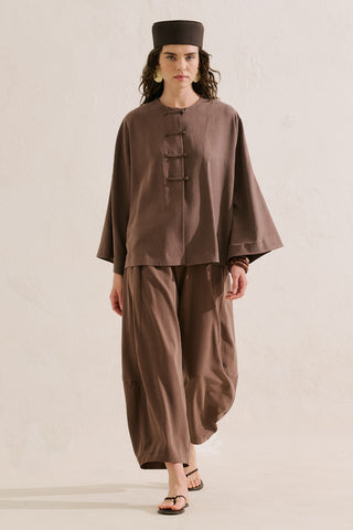 Linen Blend Wide Sleeve Jacket Brown