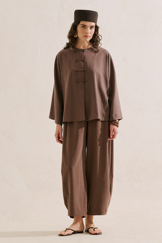 Linen Blend Wide Sleeve Jacket Brown