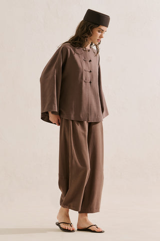 Linen Blend Wide Sleeve Jacket Brown