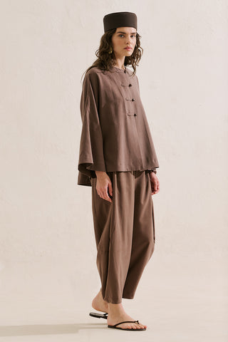 Linen Blend Wide Sleeve Jacket Brown