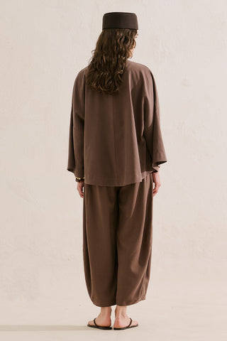 Linen Blend Wide Sleeve Jacket Brown