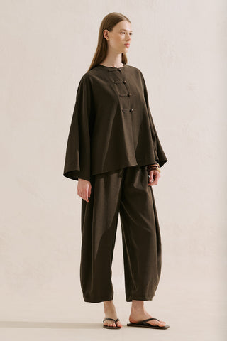 Linen Blend Wide Sleeve Jacket Dark Brown