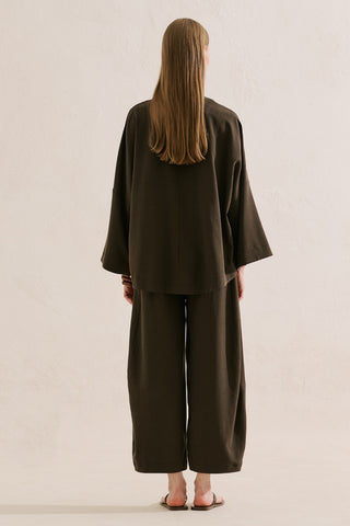 Linen Blend Wide Sleeve Jacket Dark Brown