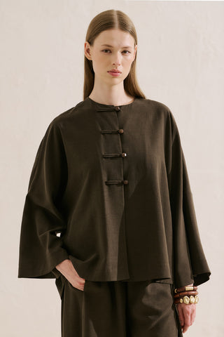 Linen Blend Wide Sleeve Jacket Dark Brown