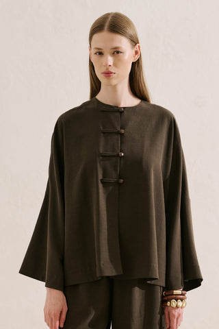 Linen Blend Wide Sleeve Jacket Dark Brown