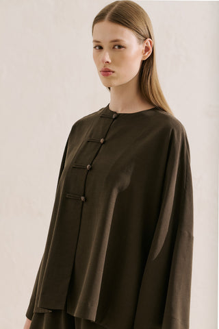 Linen Blend Wide Sleeve Jacket Dark Brown