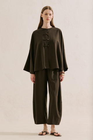 Linen Blend Harem Trousers Dark Brown