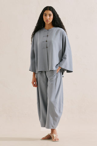 Linen Blend Wide Sleeve Jacket Blue