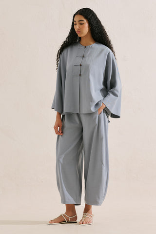 Linen Blend Wide Sleeve Jacket Blue
