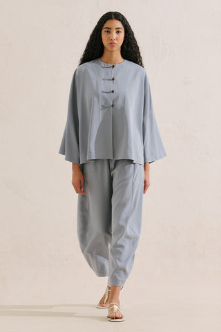 Linen Blend Wide Sleeve Jacket Blue