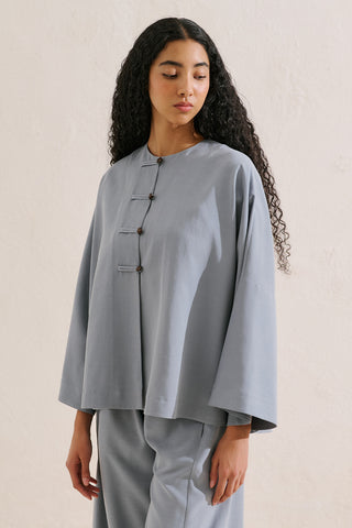 Linen Blend Wide Sleeve Jacket Blue