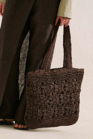 Florence Floral Straw Bag Dark Brown