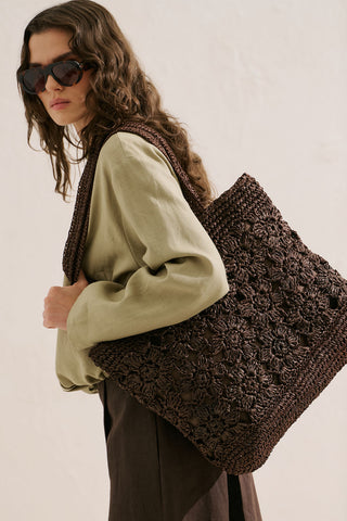 Florence Floral Straw Bag Dark Brown