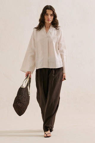 Layered Collar Linen Blouse Stone