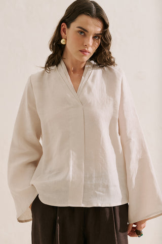 Layered Collar Linen Blouse Stone