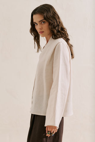 Layered Collar Linen Blouse Stone