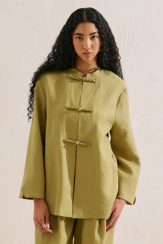 Linen Tie Detail Jacket Green