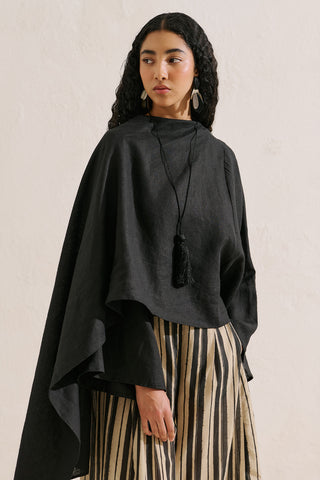 Asymmetric Linen Cape Blouse Black