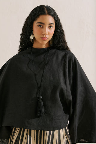 Asymmetric Linen Cape Blouse Black